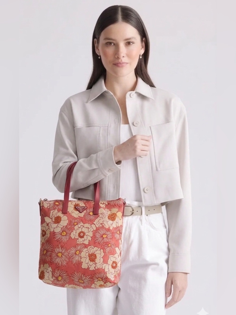 Prada Tessuto Stampato Floral Nylon Tote Bag/Crossbody — Pink & White